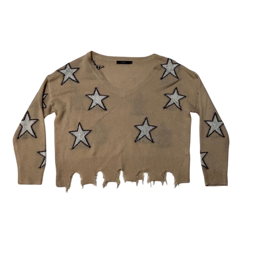 Beige Tan Star Distressed V-Neck‎ Sweater Boho Indie Grunge| Size XL